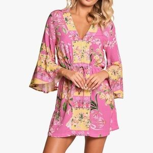 Maaji Pink and Yellow Floral V-Neck Mini Dress